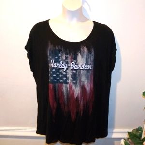 EUC Harley-Davidson Black Rhinestone Stylized American Flag Plus Size T-Shirt